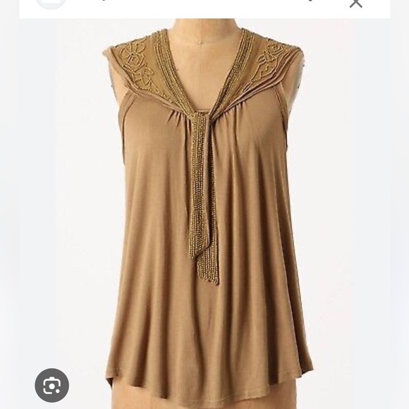 ANTHROPOLOGIE ETT TWA sparkling Bellini Tan Beaded Top Tie Front Sz L Women AC8 - Picture 1 of 4